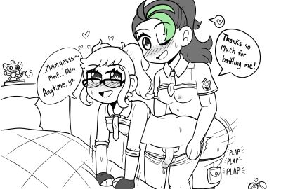 2d 2girls anal anal_sex bed bedroom black_and_white blush_lines breasts breasts_out drooling erin_(ikeychain) female futa_on_futa futanari glasses ikeychain intersex lesbian mostly_black_and_white mostly_nude necktie necktie_between_breasts nemona_(pokemon) onomatopoeia original original_character plap_(sound) pokeball pokemon pokemon_sv precum shirt_lift tagme tie trans_woman transfem twintails yuri