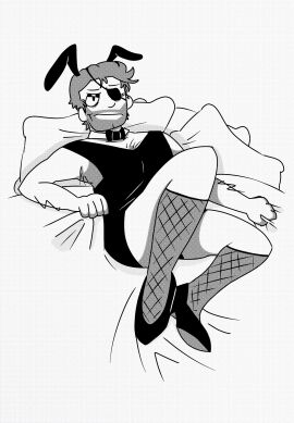 1boy 60_parsecs! angry_expression bunnysuit chubby_male crossdressing dilf eyepatch frowning grabbing_sheets looking_at_viewer male male_focus male_only middle_aged_male no_color no_visible_genitalia pillows silly tom_thomson white_background whored_out