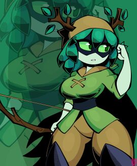 adventure_time antennae antlers black_footwear boots bow_(weapon) branch breasts brown_pants cape clothing colored_sclera colored_skin detailed_background domino_mask eye_mask female female_focus female_only footwear green_body green_eyes green_hair green_sclera green_shirt green_skin high_resolution holding holding_bow_(weapon) holding_object holding_weapon horns huntress_wizard jek_korpen large_breasts leaf legwear looking_to_the_side mask masked_female pants parted_lips shirt solo solo_focus standing tagme thick_thighs thigh_boots thighhighs thighs weapon white_skin