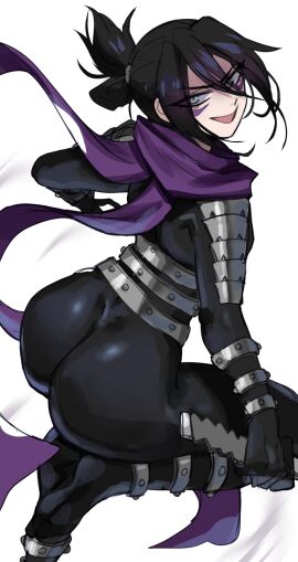 1boy 2024 2d 2d_(artwork) action_pose armor ass assassin big_ass big_ass_(male) black_hair bodysuit bubble_ass bubble_butt clothed clothed_female clothing fat_ass female femboy fully_clothed large_ass light-skinned_male light_skin lightsource looking_at_viewer looking_back male male_only ninja one-punch_man pale-skinned_male pale_skin ponytail questionable scarf sfw solo solo_male speed-o'-sound_sonic sword thick_ass thick_thighs weapon white_background wide_hips