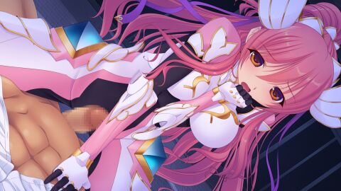 1boy abs arm_between_breasts armor between_breasts blush bodysuit breasts brown_eyes censored cowgirl_position dutch_angle en_ciel_rena en_ciel_rena_(aegis) female game_cg gloves grinding hair_ribbon imminent_penetration kourin_tenshi_en_ciel_rena large_breasts large_variant_set long_hair magical_girl mosaic_censoring non-web_source official_art open_mouth orange_eyes penis pink_hair ponytail ribbon saitou_natsuki solo_focus straddling straight suhamaya tomoe_rena variant_set