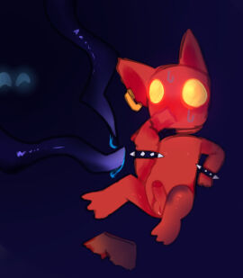 3_toes 4_fingers ambiguous_fluids blue_body blue_eyes bodily_fluids bottomwear bracelet clothing doors_(roblox) ear_piercing ear_ring el_goblino_(doors) feet fingers goblin half-closed_eyes humanoid imminent_sex jeff_(doors) jewelry long_nose male narrowed_eyes navy_blue_background nervous on_ground piercing red_body ring_piercing roblox shorts sitting spiked_bracelet spikes sweat tentacle tentacle_creature toes unknown_artist yellow_eyes