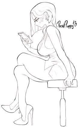 black_and_white breasts duolingo female high_heels huge_breasts lily_(duolingo) line_art looking_at_cellphone monochrome pocketpuppy13 sitting thighs