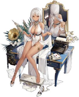 ass azur_lane backless_dress bare_shoulders barefoot black_background body_markings breasts center_opening cg choker cleavage closed_mouth clothes_lift cocktail_dress dark-skinned_female dark_skin dress envelope evening_gown facial_mark female flower forehead_mark full_body gold halter_dress halterneck high_heels jewelry large_breasts letter long_hair looking_at_viewer massachusetts_(azur_lane) massachusetts_(dressed_to_impress)_(azur_lane) mirror multiple_views official_alternate_costume official_art phonograph piano pointy_ears red_eyes reflection revealing_clothes shoes single_shoe sitting sleeveless sleeveless_dress solo thigh_strap thighlet thighs transparent_background unworn_shoes white_dress white_flower white_footwear white_hair white_nails
