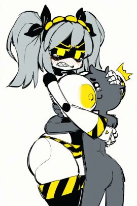 1boy 1girls big_breasts black_hair_ribbon black_ribbon blush blushing blushing_female blushing_profusely borvar breasts disassembly_drone embarrassed embarrassed_female female glitch_productions hair_ribbon head_between_breasts hugging hugging_breasts j_(murder_drones) large_breasts large_tits male murder_drones nice_ass pigtails ribbon ribbons ribbons_in_hair robot robot_girl robot_humanoid screen_face tagme tears tears_in_eyes white_hair white_hair_female yellow_eyes yellow_eyes_female yellow_nipples