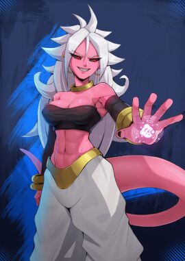 1girls abs android_21 android_21_(evil) arabian_clothes attack black_nails black_sclera bracelet breasts collar dragon_ball dragon_ball_fighterz dragon_ball_z evil_smile female fit fit_female harem_outfit imminent_attack incoming_attack jewelry majin_android_21 medium_breasts muscular muscular_arms muscular_female open_mouth pink_skin pointy_ears red_eyes six_pack smile smiling smiling_at_viewer spiked_hair spiky_hair tail teeth white_hair