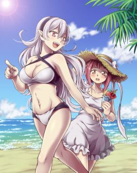 2girls alluring beach big_breasts bikini blue_sky breasts brown_eyes cleavage cloud corrin_(fire_emblem) corrin_(fire_emblem)_(female) day dress female fire_emblem fire_emblem_fates fire_emblem_warriors hair_between_eyes hairband hat high_res hiyori_(rindou66) intelligent_systems long_hair looking_at_viewer multiple_females multiple_girls navel nintendo ocean open_mouth outside palm_tree pink_hair pointy_ears red_eyes sakura_(fire_emblem) sand short_hair silver_hair sky small_breasts smile sun_hat sundress swimsuit tree water