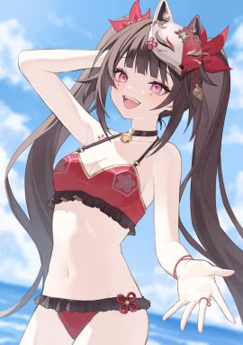 1girls 2d 2d_(artwork) alternate_costume arm_behind_head artist_request belly_button bikini bikini_bottom bikini_top breasts brown_hair clouds day female female_focus female_only fox_mask front_view high_resolution highres honkai:_star_rail honkai_(series) long_hair looking_at_viewer marking_below_eyes mask mask_on_head medium_breasts navel ocean outdoors pigtails pink_eyes red_bikini red_bikini_bottom red_bikini_top red_swimsuit sky slim_female smiling smiling_at_viewer solo solo_female solo_focus sparkle_(honkai:_star_rail) standing summer swimsuit two_piece_swimsuit water young younger_female