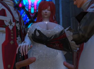 2boys1girl bride bunny_ears bunny_girl chubby cleavage cum_on_breasts dubious_consent final_fantasy_xiv gpose(ffxiv) huge_breasts imminent_handjob imminent_sex nipple_tweak pale_skin priest red_eyes red_hair threesome viera wedding_dress