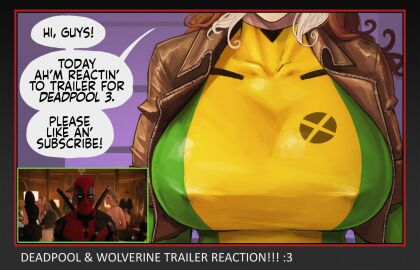 2024 big_breasts bodysuit breasts busty deadpool deadpool_2 devil_hs dialogue english_text erect_nipples female hi_res high_resolution highres humor large_breasts light-skinned_male light_penis light_skin male marvel marvel_comics nipple_bulge nipples penis rogue_(x-men) southern_accent southern_belle superheroine text wade_wilson watching_video x-men youtube