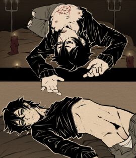 1boy ahoge andrew_graves arms_up black_hair black_sweater blood_on_chest candle candlestand closed_mouth clothes_lift clothes_pull collarbone denim dork_nokia flaccid frown furrowed_brow green_eyes groin half-closed_eyes highres jeans long_sleeves looking_at_viewer lower_teeth_only lying male male_focus male_only male_pubic_hair male_underwear male_underwear_pull messy_hair multiple_views navel nipples on_back on_bed open_mouth pants pants_pull penis pubic_hair ribs shirt shirt_lift short_hair sweat sweater teeth the_coffin_of_andy_and_leyley torn_clothes torn_pants torn_shirt twink underwear white_male_underwear