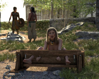 1girls 2boys 3d blonde_hair bondage bound bound_ankles bound_wrists clothed_male_nude_female completely_nude fantasytubasa female male nude nude_female original pillory slave slave_girl