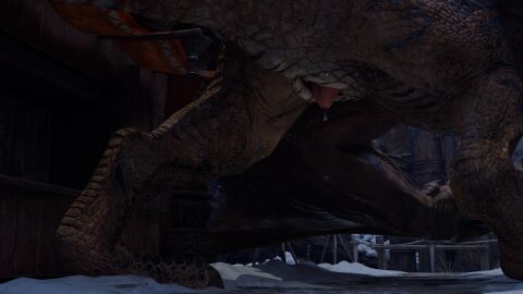 16:9 4k absurd_res animal_genitalia bodily_fluids capcom cum cum_drip dripping feral flying_wyvern genital_fluids genital_slit genitals hi_res hiperpro_man4 huge_filesize low-angle_view male monster_hunter peeking_penis snow solo tigrex widescreen worm's-eye_view