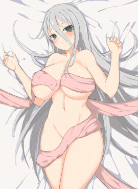 1girls ashino bangs bed bed_sheet breasts female green_eyes grey_hair large_breasts light-skinned_female light_skin looking_at_viewer lying lying_on_back lying_on_bed midriff navel no_bra no_panties senko_(senran_kagura) senran_kagura solo straight_hair very_long_hair