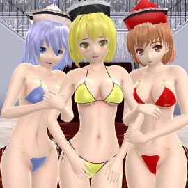 2024 3d 3girls arms_held belly_button bikini blonde-haired_female blue-eyed_female blue-haired_female blue_bikini blush breasts brown-eyed_female brown-haired_female cleavage female ghost_girl hat hati_yukkuri_mmd headwear hips holding_arms indoors interior_background jpeg light-skinned_female light_skin looking_at_viewer lunasa_prismriver lyrica_prismriver merlin_prismriver mmd open_mouth red_bikini short_hair swimsuit touhou trio_female trio_focus waist yellow-eyed_female yellow_bikini