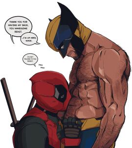 2boys bara beard bonjourdraws deadpool deadpool_&_wolverine_(2024) dialogue dialogue_bubble facial_hair gay hairy hairy_abs hairy_chest hairy_male katana logan_(x-men) male male_only marvel marvel_cinematic_universe marvel_comics mask masked masked_male multiple_boys multiple_males muscular muscular_male nipples no_sex no_visible_genitalia pectorals simple_background superhero_costume sword wade_wilson weapon white_background wolverine_(x-men) yaoi