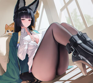animal_ears aqua_jacket ass black_footwear black_hair black_pantyhose braid breasts bright_pupils chromatic_aberration closed_mouth collared_shirt commentary feline female fox_ears fox_girl half_up_braid high_heels holding holding_pen hoshimi_miyabi indoors jacket jacket_on_shoulders kan_qianhuilan knees_up large_breasts legs_together light_blush long_hair looking_at_viewer pantyhose pen red_eyes shirt sitting solo thighs very_long_hair white_pupils white_shirt zenless_zone_zero