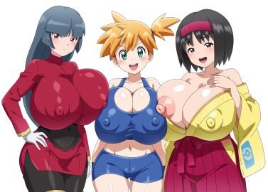 3girls :d absurdres alternate_breast_size aqua_eyes asymmetrical_hair bare_shoulders black_eyes black_hair blunt_bangs blush bodysuit breast_press breast_suppress breasts cleavage closed_mouth covered_navel cowboy_shot crop_top curvy erika_(pokemon) erika_(pokemon_frlg) female female_focus game_freak gamefreak gloves green_eyes gym_leader hairband hand_on_own_hip heart heart_background highres hitokiwa_kenchin huge_breasts japanese_clothes kasumi_(pokemon) kimono long_hair long_sleeves looking_at_viewer midriff misty_(pokemon) misty_(pokemon_frlg) multiple_females multiple_girls navel nintendo nipples open_mouth orange_hair pantyhose pokemon pokemon_frlg pokemon_rgby ponytail red_eyes red_hairband robe sabrina_(pokemon) sabrina_(pokemon_frlg) shiny_skin shirt short_hair shorts side_ponytail skirt smile sparkle standing tank_top teeth thick_thighs thighs upper_teeth_only very_long_hair white_gloves wide_hips