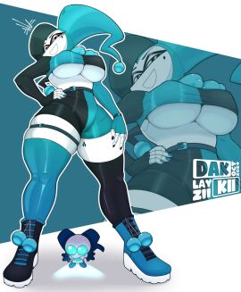 1boy 1girls 2024 big_breasts breasts cartoon_network cosplay dakkii female fingerless_arm_sleeves harley_quinn harley_quinn_(cosplay) jenny_wakeman jester jester_hat jester_outfit male my_life_as_a_teenage_robot nickelodeon robot_girl robotboy robotboy_(character) size_difference skindentation smug stockings tagme thick_thighs thigh_strap thigh_tattoo thighhighs underboob xj-9