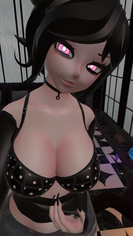 3d ashley_graves big_breasts breasts female flashing flashing_breasts goth kallylady light-skinned_female light_skin pale-skinned_female pale_skin pink_eyes smirk tagme the_coffin_of_andy_and_leyley vrchat