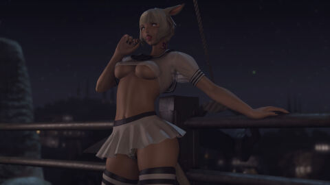 1girls 3d bikini breasts cat_ears cat_tail dark-skinned_female dark_skin female female_only female_pubic_hair final_fantasy final_fantasy_xiv hi_res kyubisan lollipop miqo'te pleated_skirt pubic_hair see-through see-through_clothing short_skirt silver_eyes silver_hair skirt solo solo_female square_enix stockings sucking_lollipop suggestive thighhighs thong thong_bikini underboob uniform y'shtola