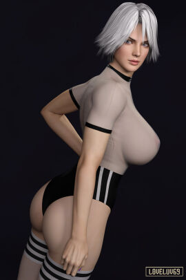 3d areolae ass big_breasts blue_eyes breasts bubble_ass bubble_butt buruma busty christie_(doa) dead_or_alive erect_nipples female female_focus female_only hourglass_figure large_breasts loveluv69 nipples pinup pinup_pose see-through see-through_clothing sports_uniform sportswear tagme thighhighs thong uniform white_hair wide_hips