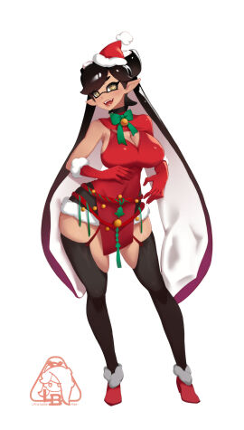 1girls breasts callie_(splatoon) christmas christmas_outfit cleavage covered_navel female gloves large_breasts little_blood long looking_at_viewer nintendo open_mouth red_gloves simple_background splatoon splatoon_(series) tentacle_hair thick_thighs thighhighs thighs white_background