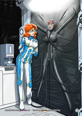 2girls bondage bound female female_only femsub fully_clothed glasses gloves latex latex_bondage red_hair rubber shiny_clothes standing_bondage tight_clothing tonibabelony vacbed vacuum_bed