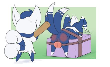 2022 anus ass ballbusting balls blue_body blue_fur blue_markings bondage bound box butt_slap cock_and_ball_torture cock_and_balls_torture container duo female feral feral_only fur fuzzo gag gagged generation_6_pokemon genital_torture genitals head_tuft hi_res male male/female markings meowstic neck_tuft nintendo paddle penis perineum pokemon pokemon_(species) pussy raised_tail rear_view simple_background slap spank_marks spanking straps tail tail_markings tuft white_body white_fur white_markings x_anus