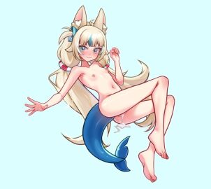 animal animal_ears ass big_breasts blonde_hair blue_eyes blue_hair blush breasts cat_ears chest completely cum cum_in_pussy ear female fins fish_girl fish_tail flat fluff girl long_hair looking_at_viewer low multicolored_hair nude sameko_saba small_ass smile solo streaked_hair tail tits_out twintails women