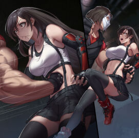 1boy 1girls beaten belly_punch black_hair breasts crop_top dark-skinned_male dark_skin female final_fantasy gloves gut_punch long_hair male masked_male medium_breasts muscular muscular_male navel punch punching red_eyes ryona skirt tagme tifa_lockhart yan_(situyan0303)