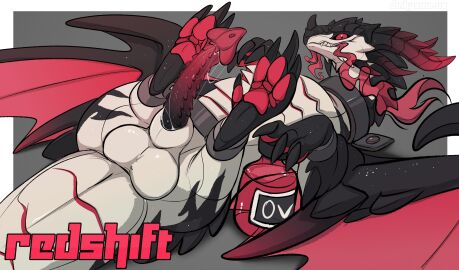 animal_genitalia balls black_claws bodily_fluids bottle claws container dinkysaurus dragon erection european_mythology facial_horn feral fire genital_fluids genitals hi_res horn leg_restraint long_penis lying male mythological_creature mythological_scalie mythology nose_horn on_back pawpads paws penile_spines penis precum presenting red_eyes red_horn red_pawpads red_penis red_wings redshift_(dinkysaurus) restrained restraints scalie sheath solo teeth western_dragon white_body wings