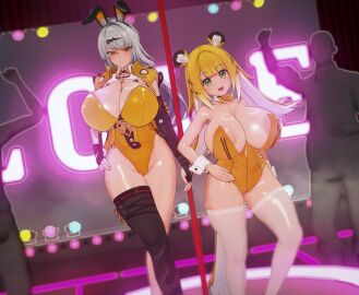 2girls 3d alternate_breast_size animal_ears areola_slip areolae asymmetrical_legwear blonde_hair breasts bunny_ears cameltoe danish_primus detached_collar fake_animal_ears female female_focus fingerless_gloves green_eyes hand_on_hip height_difference huge_breasts indoors ju_fufu koikatsu large_breasts leotard long_hair looking_at_viewer nipple_bulge pole pussy strapless_leotard thick_thighs tiger_ears tiger_girl vermelho_(artist) video_game_character white_hair yellow_eyes yixuan_(zenless_zone_zero) zenless_zone_zero