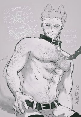 1boy 2024 abs alternate_costume animal_ears animification arm_hair beard belt big_bad_wolf_(cosplay) blush chain_leash chains chest_hair closed_mouth collar cosplay dated deadpool deadpool_&_wolverine_(2024) facial_hair hairy halloween halloween_costume hand_hair heart hood hood_up implied_yaoi james_howlett large_pectorals leash little_red_riding_hood_(cosplay) logan_(x-men) looking_to_the_side male male_focus male_only marvel marvel_cinematic_universe marvel_comics mask mature_male monochrome muscular muscular_male mutant_(marvel) mutate_(marvel) navel nipples pants pectorals short_hair sitting solo solo_male tail thigh_strap topless_male translation_request wolf_boy wolf_ears wolf_tail wolverine_(x-men) x-men yuuutuhituji