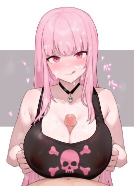 1boy 1girls alternate_version_available bluefield breasts cum cum_on_breasts cum_on_face cum_on_hair english_text female hi_res hololive hololive_english hololive_myth huge_breasts light-skinned_female light_skin long_hair male male_pov mori_calliope paizuri pink_eyes pink_hair pov titjob uncensored virtual_youtuber vtuber