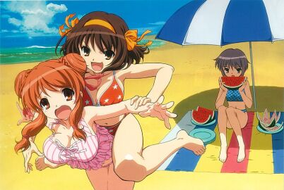 3girls arm_grab asahina_mikuru beach bikini breasts brown_hair female food fruit hairband holding holding_food holding_fruit holding_watermelon large_breasts multiple_females multiple_girls nagato_yuki orange_hairband outdoors short_hair small_breasts star_(symbol) star_print striped_bikini striped_clothes suzumiya_haruhi suzumiya_haruhi_no_yuuutsu swimsuit takemoto_yasuhiro tears umbrella vertical-striped_bikini vertical-striped_clothes watermelon