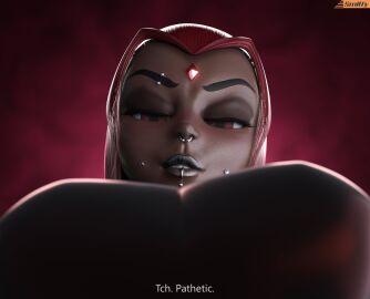 1girls 3d alternate_version big_breasts breasts clothed clothed_female dark-skinned_female dark_skin dc dc_comics female female_only piercings race_swap rachel_roth raven_(dc) red_hair smitty34 solo talking_to_viewer taller_female teen_titans text