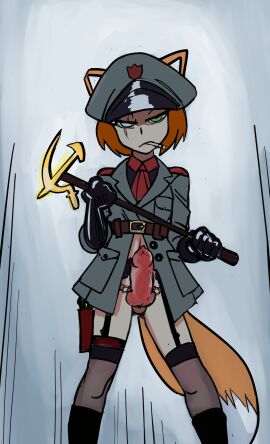 1girls boots bottomless branding_iron cigarette cigarette_in_mouth clouded_eyes facial_scar female female_only fox_ears fox_tail garter_belt gloves green_eyes grey_eyes gun gun_holster knotted_dildo looking_at_viewer military_cap military_hat military_jacket military_uniform nancy_lew_(oc) nylons pale_skin red_hair scar scar_across_eye scar_on_face solo_female sooperman soviet stern_expression strap-on strapon