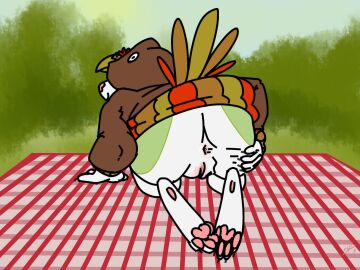 all_fours anthro anus ass avian bedding bird black_claws blanket blue_sky bottomless byte_fantail_(character) claws clothed clothing cuntboy curled_up fetal_pose galliform genitals grass hand_on_ass hand_on_butt hi_res holidays hood_over_eyes hoodie hoodie_only intersex kneeling outside pawpads phasianid picnic_blanket pink_nose pink_pawpads plant presenting presenting_hindquarters presenting_pussy public public_nudity pussy rear_view sillydraco sky solo spread_anus spread_pussy spreading thanksgiving topwear topwear_only tree turkey turkey_costume