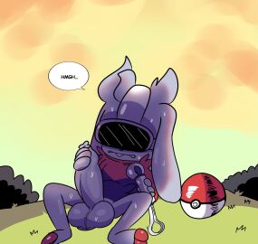 anthro balls big_penis bodily_fluids clothing digital_media_(artwork) erection foreskin fur generation_8_pokemon genitals hair hi_res humanoid_genitalia humanoid_penis lagomorph male mammal masturbation nintendo nude penile penile_masturbation penis pokeball pokemon pokemon_(species) raboot renita_reed simple_background solo speech_bubble sweat teeth text uncircumcised vr_controller vr_headset white_body white_fur