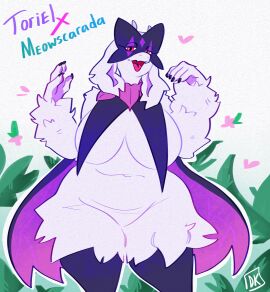 absurd_res anthro arm_tuft belly big_breasts biped black_body black_fur black_nails bovid breast_curtains breasts caprine character_name colored_nails covered_nipples cute_fangs darkriallet ears_down english_text eyelashes facial_markings fangs featureless_crotch female female_anthro floppy_ears flower frill_(anatomy) front_view fur fusion generation_9_pokemon goat grass half-closed_eyes head_markings hi_res horn huge_breasts leg_tuft long_ears looking_at_viewer lop_ears mammal markings mask mask_(marking) masquernya mature_anthro mature_female meowscarada multicolored_body multicolored_fur nails narrowed_eyes navel neck_frill nintendo nude open_mouth open_smile petals pivoted_ears plant pokemon pokemon_(species) pose pupils purple_inner_ear red_eyes scarf signature slightly_chubby slightly_chubby_anthro slightly_chubby_female smile smiling_at_viewer solo standing teeth text thick_thighs thigh_tuft tongue toriel tuft two-tone_body two-tone_fur undertale undertale_(series) white_body white_fur wide_hipped_anthro wide_hipped_female wide_hips