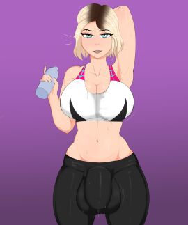 1futa balls big_balls big_breasts big_penis breasts bulge cleavage clothed clothing cock_sleeve_(clothes) fully_clothed futa_only futanari g3mma genitalwear gwen_stacy human intersex large_breasts light_skin looking_at_viewer marvel marvel_comics pale_skin penis solo spider-gwen spider-man:_into_the_spider-verse spider-man_(series) standing sweat testicles