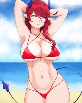 1girls 2d 2d_(artwork) ale_131 alternate_costume arms_behind_head beach belly belly_button big_breasts bikini bikini_bottom bikini_top bra breasts cleavage clouds day demon female female_focus female_only front_view hoku_roboto horns latam_virtual_youtuber light-skinned_female light_skin long_hair looking_at_viewer looking_back mature mature_female milf multi-strapped_bikini navel ocean outdoors pointy_ears purple_eyes red_bikini red_bikini_bottom red_bikini_top red_bra red_hair red_swimsuit red_thong revealing_clothes revealing_swimsuit sand sky slim_female solo solo_female solo_focus standing succubus succubus_horns succubus_tail summer thong thong_bikini virtual_youtuber voluptuous voluptuous_female vtuber vtuberfanart water