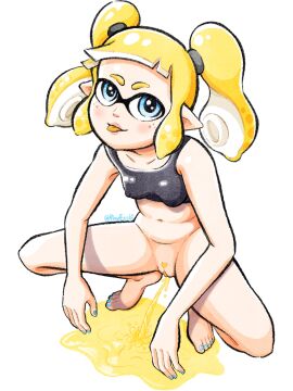 1girls 2025 artist_signature blue_eyes bottomless bottomless_female bra bra_only female_only heart inkling inkling_girl light-skinned_female light_skin nintendo nipple_bulge painted_fingernails painted_nails painted_toenails peeecchi peeing pointed_ears pointy_ears pubic_tattoo small_breasts solo splatoon squatting tattoo tentacle_hair tongue tongue_out twitter_link urination urine urine_on_ground urine_pool white_background yellow_hair