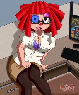 2d 2d_(artwork) balatro bra breasts button_eyes cleavage digital_drawing_(artwork) digital_media_(artwork) female glasses glitch_productions office office_lady open_shirt panties presenting ragaberry_(artist) ragatha ragatha_(tadc) ragatha_(the_amazing_digital_circus) red_hair seductive seductive_look the_amazing_digital_circus tights unbuttoned_shirt