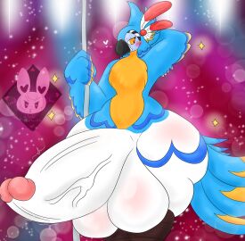 anthro avian balls beak big_balls big_penis bird blue_body breath_of_the_wild feathers genitals hi_res huge_balls huge_cock kass_(zelda) lewdchuu_(artist) male male_only nintendo penis pole rito solo the_legend_of_zelda the_legend_of_zelda:_breath_of_the_wild thick_thighs vein veiny_penis yellow_eyes