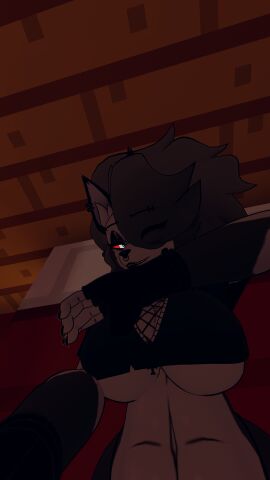 3d anthro bed clothed covered_eye cryptiacurves female furry helluva_boss high_resolution highres itzxenoshi laying_down loona_(cryptiacurves) loona_(helluva_boss) minecraft solo solo_female spiked_collar vrchat wolf wolf_girl