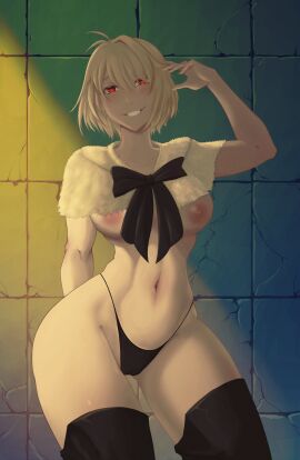 absurdres ahoge arcueid_brunestud arm_behind_back arm_up black_bow black_thighhighs black_thong blonde_hair blush bow breasts capelet curvy female hair_between_eyes hair_intakes highres looking_at_viewer medium_breasts nemuriel nipples short_hair smile thick_thighs thighhighs thighs tsukihime tsukihime_(remake) white_capelet wide_hips wide_sleeves
