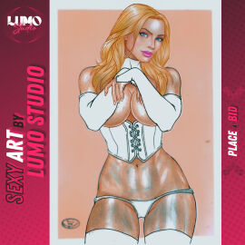 blonde_female blonde_hair blue_eyes breasts breasts_out corset covering_breasts emma_frost female hellfire_club large_breasts lumo_studio marvel marvel_comics panties rudimar_patrocinio white_queen x-men