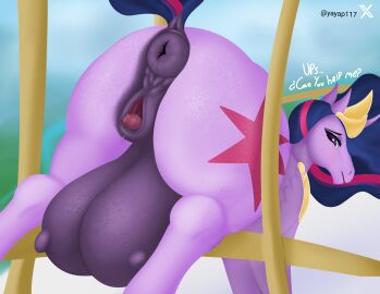 absurd_res animal_genitalia animal_pussy anus ass big_ass big_butt breasts crotch_breasts crotchboobs crotchboobs_visible_through_thighs crown cutie_mark elelite equid equine equine_anus equine_genitalia equine_pussy erect_nipples female feral friendship_is_magic genitals gold_(metal) hasbro headgear hi_res horn horse huge_crotchboobs hybrid idw_publishing mammal my_little_pony my_little_pony:_the_movie_(2017) my_little_pony_(idw) mythological_creature mythological_equine mythology nipples non-human_areolae pegasus pony puffy_anus purple_body purple_eyes purple_nipples pussy queen_twilight_sparkle_(mlp) simple_background solo thick_thighs twilight_sparkle_(mlp) unicorn wings